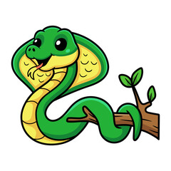 Cute little cobra snake cartoon on tree branch