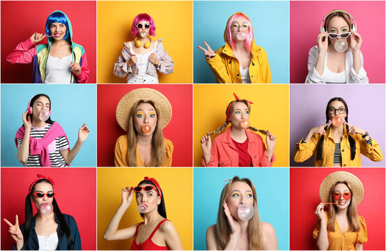 Collage with photos of women with bubblegum on color backgrounds