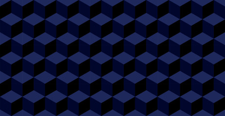 Seamless pattern Vector Illustration of isometric cube. Abstract colorful Background. Vector Illustration 3d cube pattern background texture. Dark Blue Black. Geometric graphic pattern Cubes. Hexagon