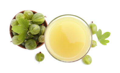 Tasty gooseberry juice in glass and fresh berries isolated on white, top view