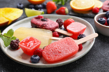 Fototapeta na wymiar Plate of different tasty ice pops on black textured table, closeup. Fruit popsicle
