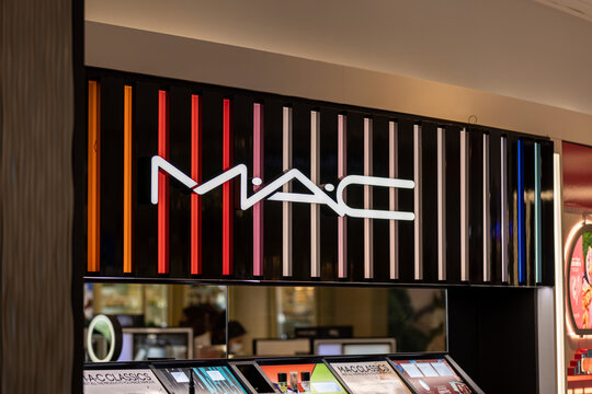 Los Angeles, California \ USA - July 26 2022: Sign and logo of MAC duty free shop in a terminal of Los Angeles International airport