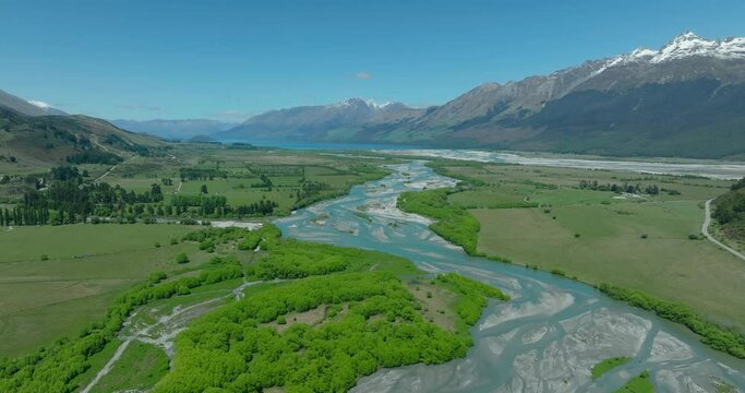Glacial Rees river flowing towards lake Wakatipu in New Zealand, aerial