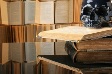 Black human skull and old books on mirror table. Space for text