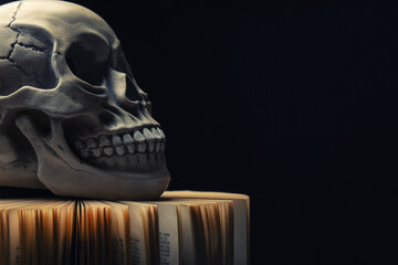Human skull and old book on black background. Space for text