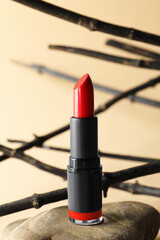 Beautiful red lipstick on stone and tree twigs against beige background