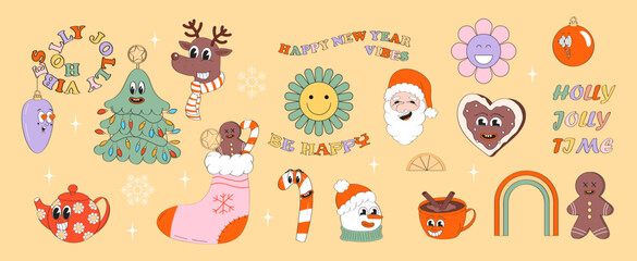Mascot New Year character retro vector set. Holly jolly gift, crazy, groovy christmas greeting card. Year 60s, 70s greeting characters. Gingerbread.