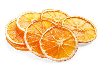 Delicious dry orange slices on white background