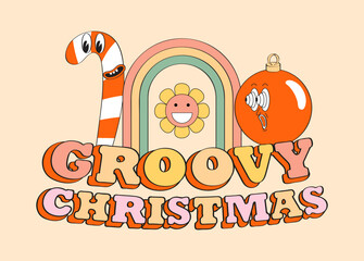 Mascot New Year character retro vector set. Holly jolly gift, crazy, groovy christmas greeting card. Year 60s, 70s greeting characters. Gingerbread.