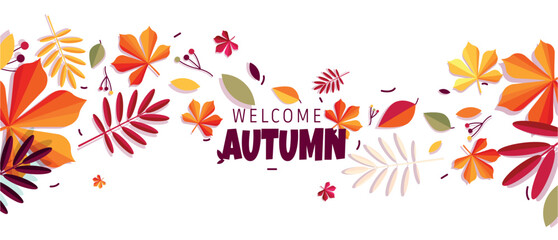 Fototapeta na wymiar Autumn sale background. Special and limited offer, loyalty program. Discounts and promotions, cashback and prizes. Design element for advertising coupon or voucher. Cartoon flat vector illustration