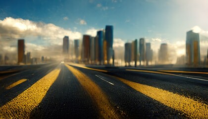 inner city elevated road by modern skyscrapers at sunset. Ai generated image.