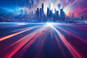 Futuristic city elevated road by modern skyscrapers at sunset. Ai generated image.