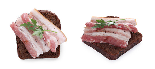 Bread with spiced pieces of pork fatback and parsley on white background, top and side views. Banner design