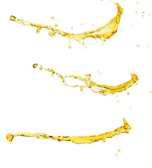 Orange, lemon juice or oil lubricant splash, liquid gold yellow drink drops. Fruit beverage water elements in line form . Fresh splashing and flowing jets, white background isolated freeze motion - obrazy, fototapety, plakaty