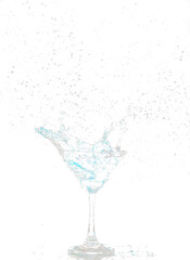 Blue Cocktail Glass with splashing water alcohol, Crystal Cocktail drink splatter splash in air and bubble from glass. Liquor Part freeze shot high speed over black background isolated