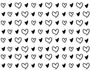 Hearts seamless pattern in hand drawn style, doodle, background, cover, print, textile, or web use, Cute, outline, simple, love.