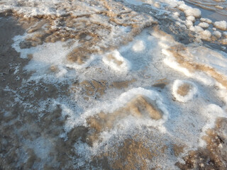 Fototapeta na wymiar natural texture background frozen snow on the seashore, copy space