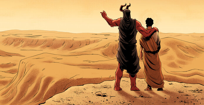 satanas meets jesus christ in the desert, devil offering the world to a man, the temptation of god in the desert