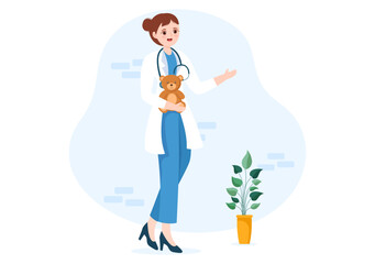 Pediatrician Examines Sick Kids and Baby for Medical Development, Vaccination and Treatment in Flat Cartoon Hand Drawn Templates Illustration