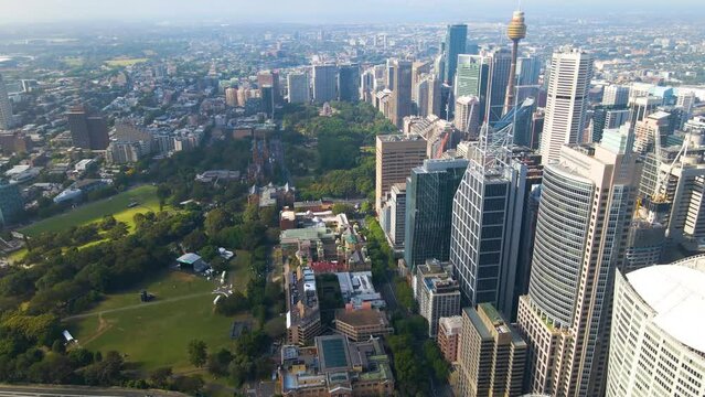 Aerial drone view of Sydney City CBD travelling on the east side looking in the south direction toward Hyde Park           