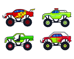 Collection of monster trucks. Heavy vehicle design suitable for stickers, t-shirts, or vehicle club logos. © Guavanaboy