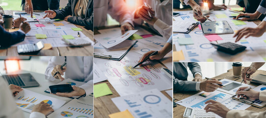 Business colleague working and analyzing financial figures on paper documents, accounts, contracts, investment consultant, corporate marketing plans using laptop and analytical technology.