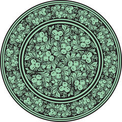 Vector green round Russian folk ornament Khokhloma. National endless circle, tray, plate of Slavic peoples, Belarusians, Ukrainians.. - obrazy, fototapety, plakaty
