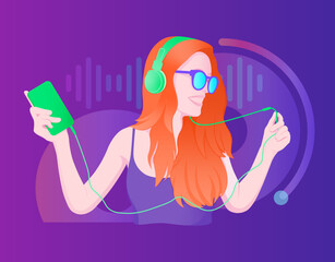 Illustration of a woman listening to music through headphone