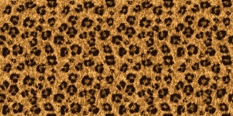 Seamless soft fluffy leopard print or cheetah spots African safari wildlife camouflage pattern. Realistic golden brown long pile animal skin rug or fur coat fashion background texture 3D rendering.