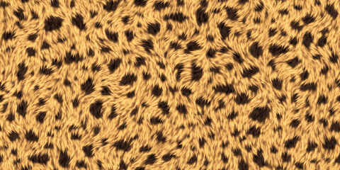 Seamless soft fluffy leopard print or cheetah spots African safari wildlife camouflage pattern. Realistic golden brown long pile animal skin rug or fur coat fashion background texture 3D rendering.