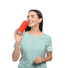 Fototapeta premium Beautiful happy woman holding red beverage can on white background