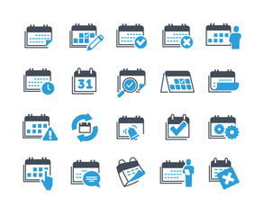 Calendar icon color set. Collection of graphic elements for website. Time management and workflow organization, planing and scheduling. Cartoon flat vector illustrations isolated on white background