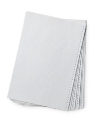Stack of checkered paper sheets on white background, top view