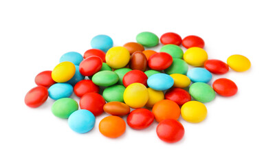Many small colorful candies on white background