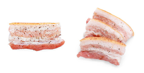 Spiced pieces of pork fatback on white background, top view. Banner design