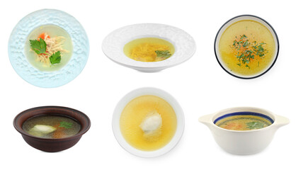 Dishes with tasty bouillon on white background