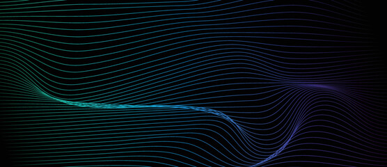Abstract dotted wave line particles of bright green blue purple design element on dark black background. Modern technology futuristic concept. Vector illustration
