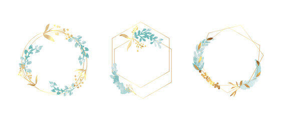 Set of luxury wedding frame element vector illustration. Watercolor and gradient golden botanical leaf branch vine on geometric frame. Design suitable for frame, invitation card, poster, banner.