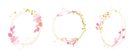 Set of luxury wedding frame element vector illustration. Watercolor and golden leaf branch with circle frame and brush stroke texture. Design suitable for frame, invitation card, poster, banner.
