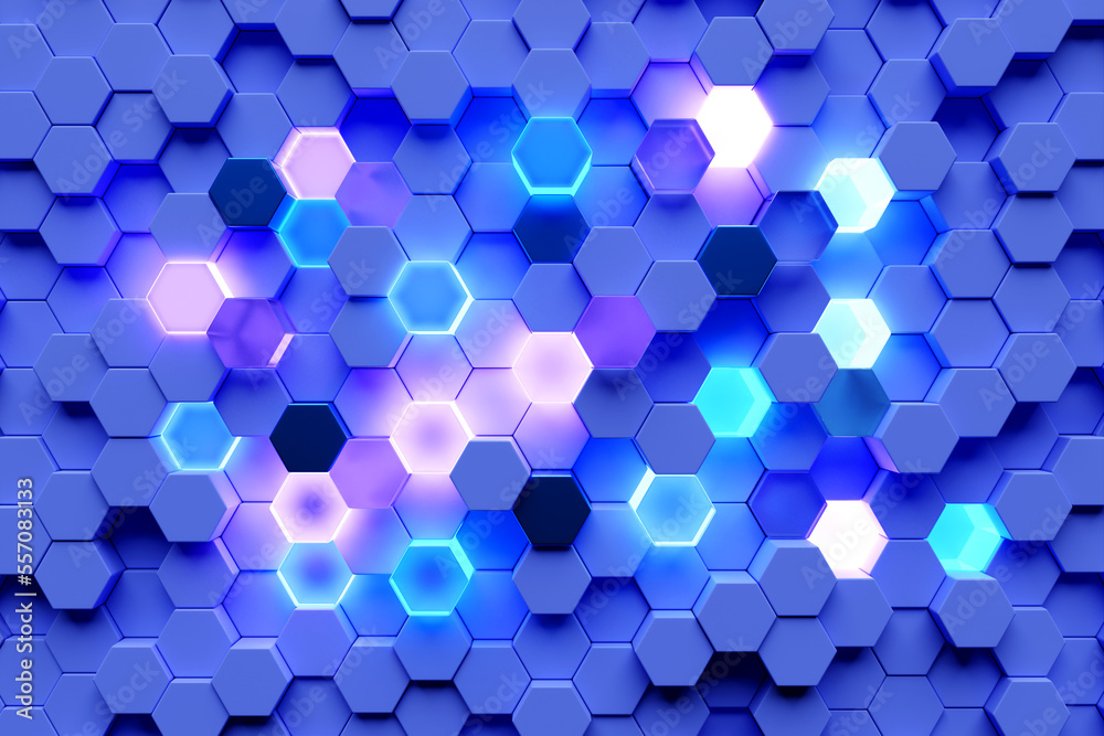 Poster abstract hexagonal background with depth of field effect, 3d illustration. a large number of multi-c