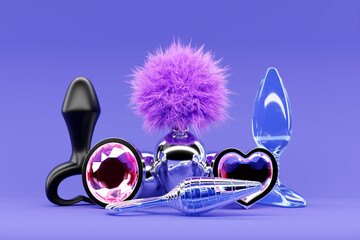 3D illustration, a collection of different types colorful  of sex toys, including dildo and   butt anal plugs on  purple  background. - obrazy, fototapety, plakaty