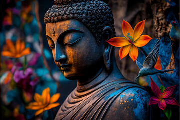 buddha statue with colourful flowers - obrazy, fototapety, plakaty