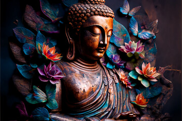 statue of buddha with colourful flowers - obrazy, fototapety, plakaty