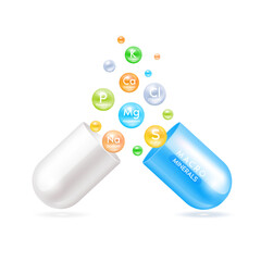Macro minerals in capsule blue isolated on white background. Essential minerals vitamins for human body. Medical scientific concepts. Ad dietary supplement for pharmacy or clinic. 3D Vector EPS10.