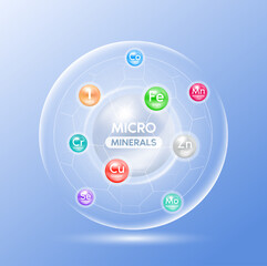 Micro minerals. Capsules isolated on blue background. Essential minerals for human body. Medical scientific concepts. Ad dietary supplement for pharmacy or clinic. 3D Vector EPS10.