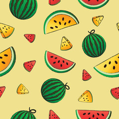 Red and yellow watermelon pattern seamless vector on yellow pastel color background , fruit pattern seamless wallpaper