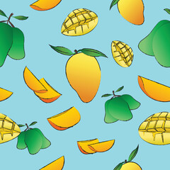 Yellow and green mango pattern seamless vector on blue sky color background , fruit pattern seamless wallpaper