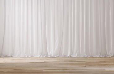 3D Empty modern, minimal room with floor to ceiling white sheer drape curtain and wooden parquet floor in sunlight from window for luxury interior design decoration product display backdrop - obrazy, fototapety, plakaty