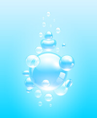 Blue collagen vitamins bubbles and hyaluronic acid solution. Water serum droplets transparent realistic 3D. For cosmetic advertising design. Isolated on pink background. Vector illustration.