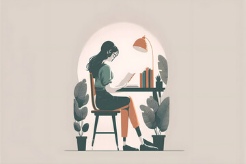 Girl sitting on chair and reading, illustration, minimalist background, Reading book illustration 